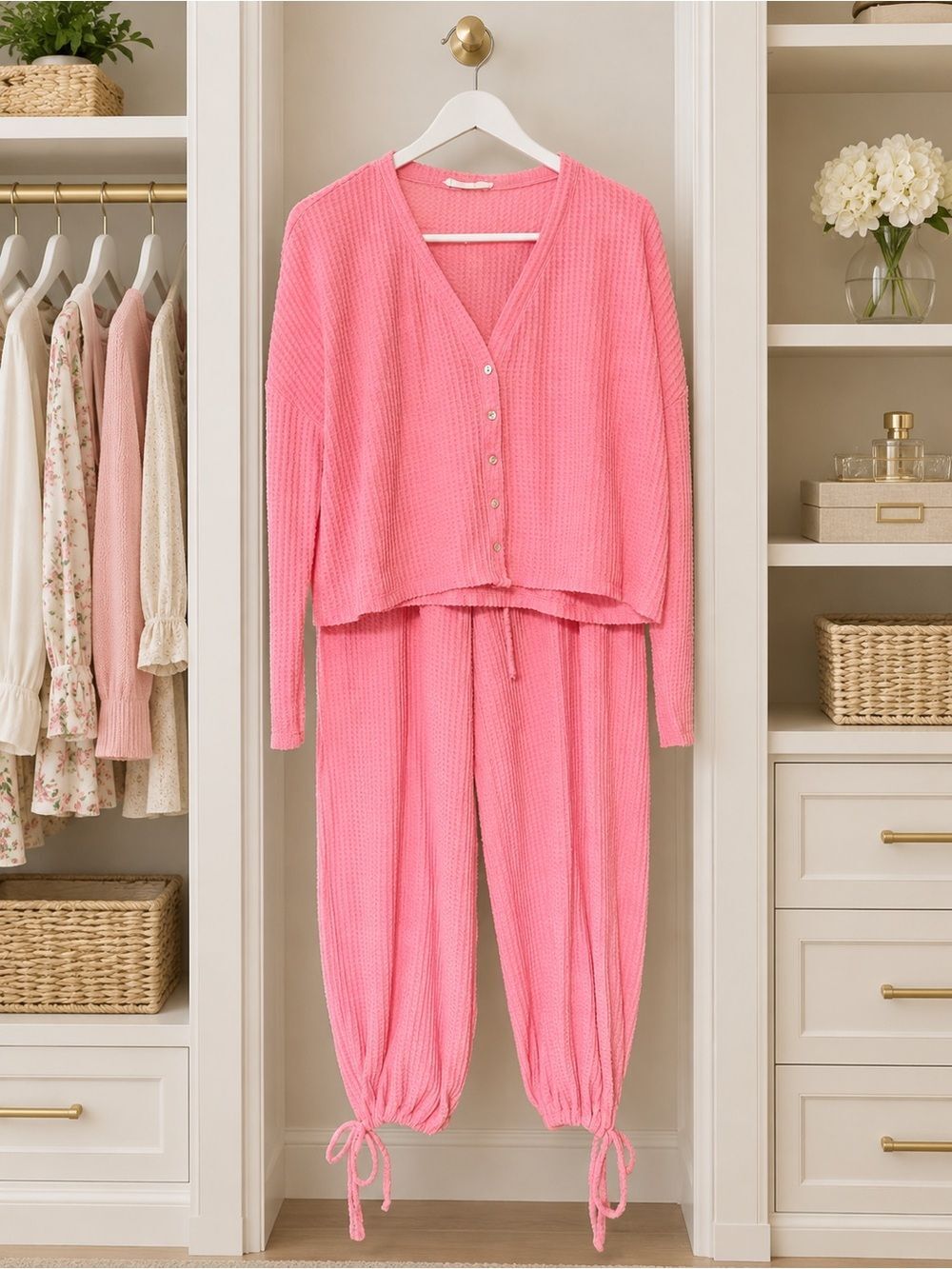 Talulah Pink Waffle-Knit Athleisure Set (Jacket and Pants)